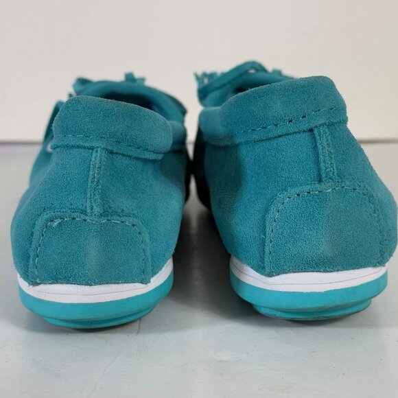 Minnetonka Turquoise Suede Moccasins Kitty Plus Womens Size 10 Fringe Whipstitch - Picture 16 of 16